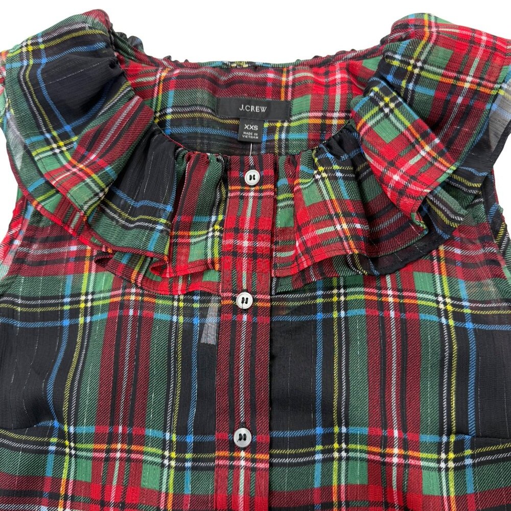 J Crew Stewart Tartan Plaid Top Ruffle‎ Collar Sleeveless Womens 00 - Picture 4 of 13